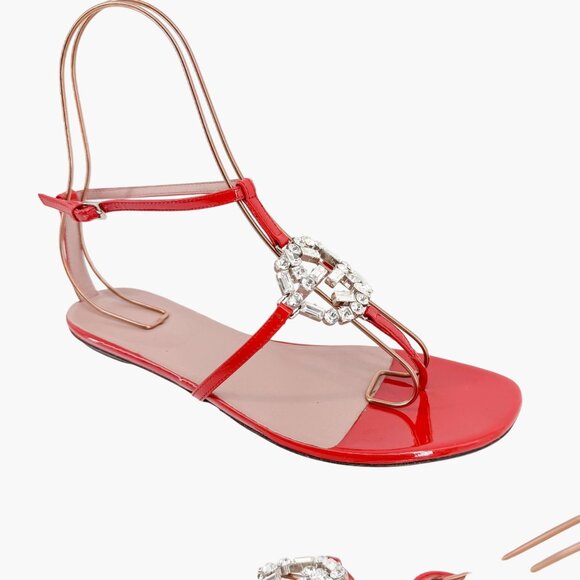 Gucci Crystal GG Interlock T-Strap Sandals EU 37 US 7 Red Patent Flat Logo Thong - Picture 9 of 13